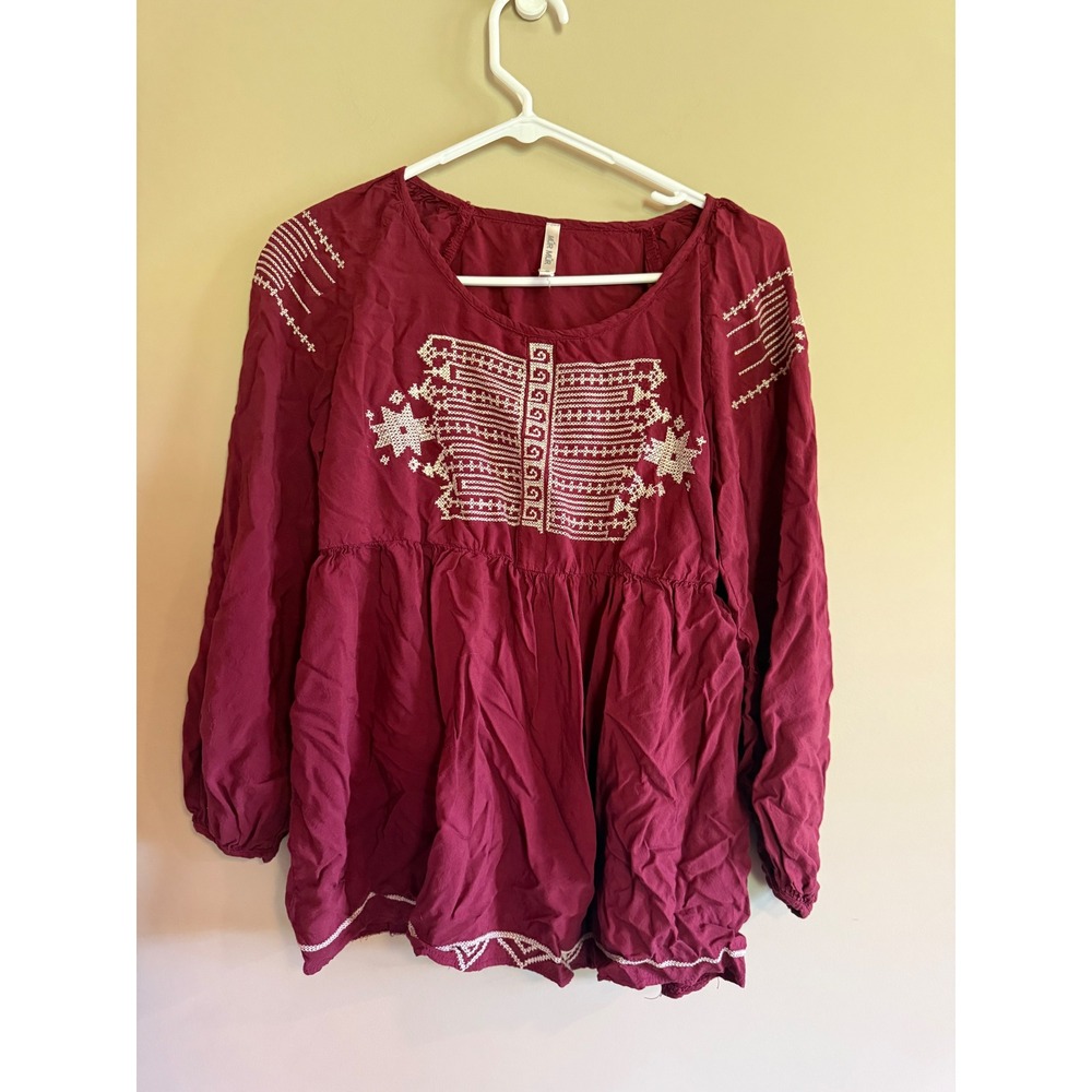 Mur Mur Womens Burgundy Embroidered‎ Long Sleeve Peasant Babydoll Blouse Small